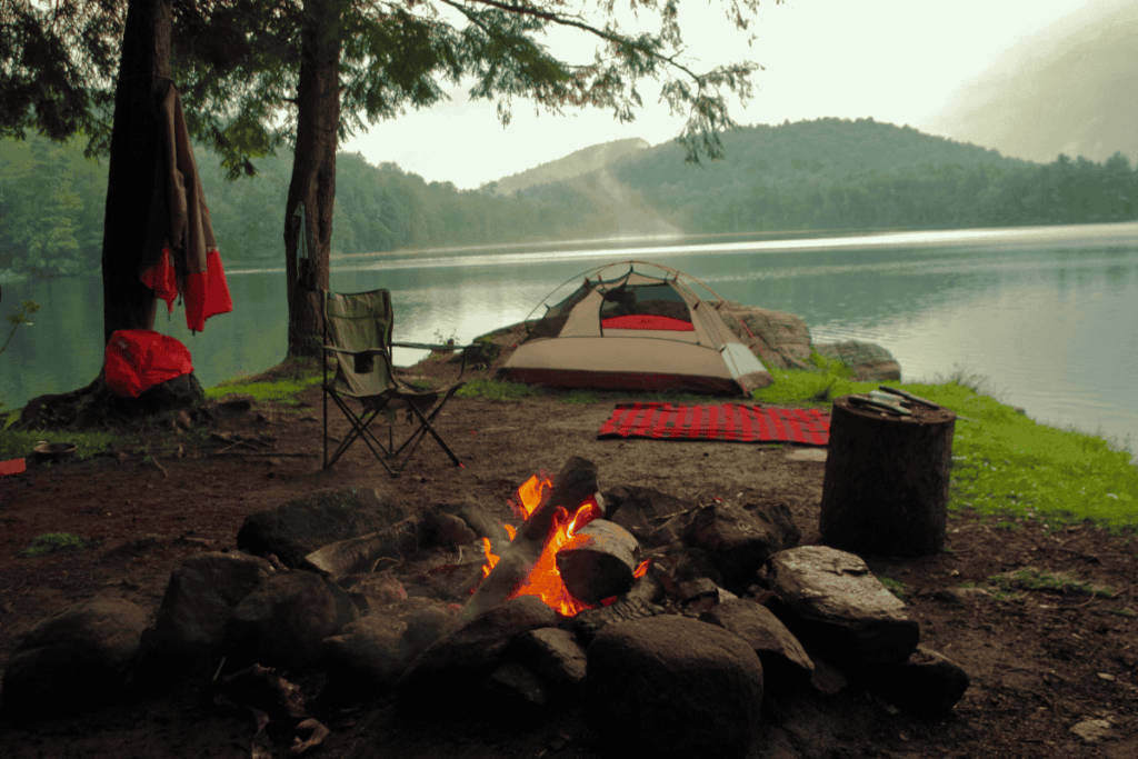 Solo camping beside a lake