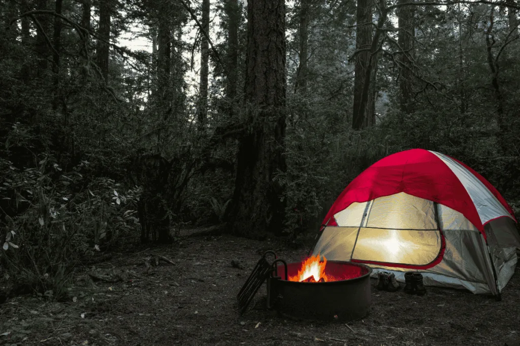 Tent camping with a campfire in a jungle